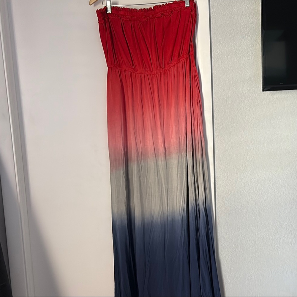 Lane Bryant Smocked Strapless Red and Blue Maxi Dress
